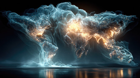 This abstract depiction of a world map showcases glowing particles intertwined with elegant swirls of light against a dark background, creating a mesmerizing scene.の素材
