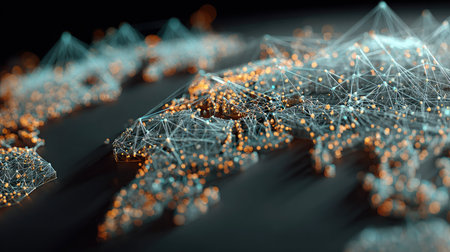 This abstract image showcases a digital network representation of geographic regions, highlighting global connectivity and data exchange.の素材