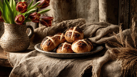 A beautifully arranged scene featuring freshly baked hot cross buns on a rustic plate, complemented by vibrant tulips, perfect for spring gatherings.の素材