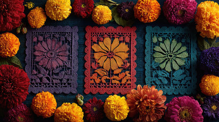 A beautiful arrangement of colorful papel picado decorations and vibrant marigold flowers on a textured background, perfect for celebrating cultural events.の素材