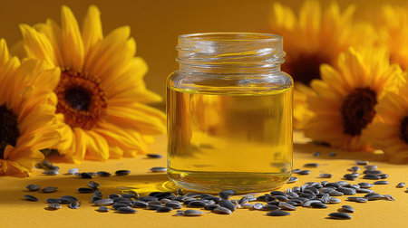 A beautifully arranged glass jar of sunflower oil rests among vibrant sunflowers and scattered sunflower seeds on a bright yellow backdrop.の素材