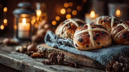 This captivating image showcases freshly baked sweet buns filled with raisins, resting on a rustic wooden table. The warm ambience created by candlelight enhances the inviting look of this delightful pastry. Perfect for seasonal celebrations or cozy gatherings, this close-up captures the rich textures and sparkling details of the baked treats.の素材