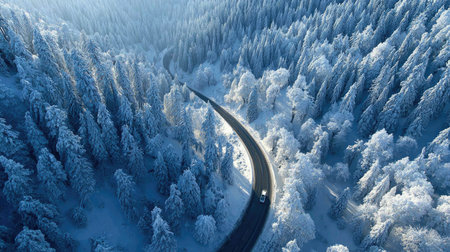 Experience the beauty of a winter landscape with a winding road surrounded by snow-covered trees in this breathtaking aerial photograph, evoking tranquility.の素材