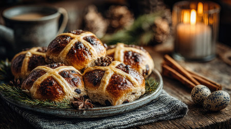 This image showcases a plate of freshly baked hot cross buns, beautifully arranged with rustic decorations, cozy ambiance, and inviting aromas.の素材