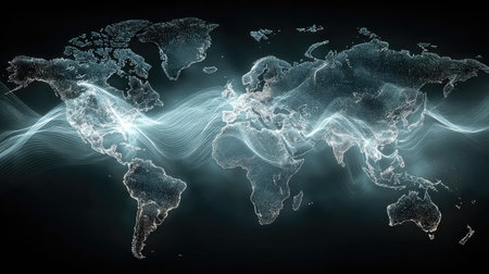 This abstract illustration features a glowing world map with flowing lines, symbolizing data flow and global connectivity against a dark backdrop.の素材