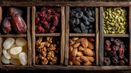 A beautifully arranged wooden tray showcasing a variety of dried fruits and nuts, perfect for healthy snacking or culinary use. Rich in color and texture, this display emphasizes the importance of nutritious ingredients in meals and snacks, inspiring healthier choices.の素材