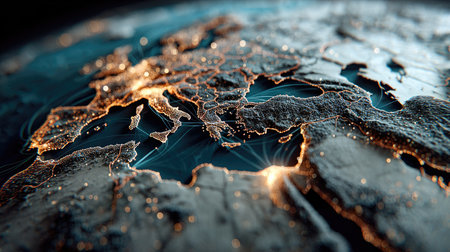 A captivating nighttime image showcasing Europe illuminated by city lights, highlighting geographic features and technological connections from space.の素材