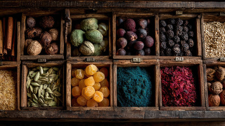 A captivating display of colorful spices and dried fruits arranged in rustic wooden boxes, showcasing an inviting palette of textures and earthy tones.の素材