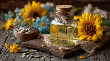 A beautiful still-life composition featuring a glass jar of sunflower oil, surrounded by sunflower petals, seeds, and vibrant blue flowers on a rustic wooden surface.の素材