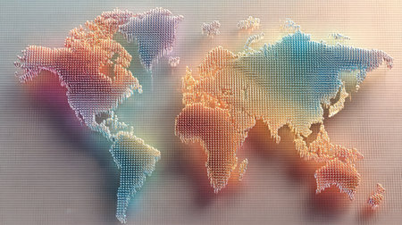 This abstract representation of the world map features colorful dots arranged in soft pastel shades, creating a modern artistic design. Perfect for decor.の素材