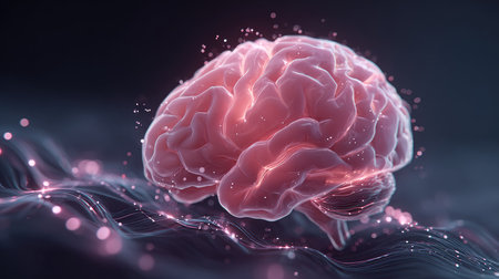 A striking abstract illustration of a glowing pink brain, surrounded by dynamic waves and sparkling particles, symbolizing creativity and thought processes.の素材