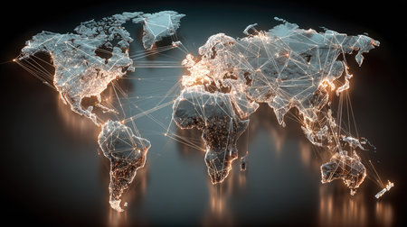 This striking image features a futuristic world map, showcasing illuminated connections that represent data flow and network interconnectivity across the globe.の素材