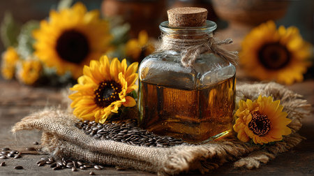 This captivating still life showcases a glass bottle of sunflower oil, surrounded by sunflower flowers and raw seeds, perfect for cuisine or decoration.の素材