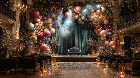 This magnificent event stage showcases a collection of colorful balloons and elegant floral arrangements, creating a stunning backdrop for celebrations.の素材
