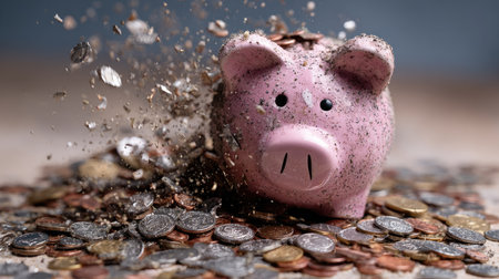 A piggy bank shatters, sending coins flying in all directions. This imagery powerfully represents sudden financial loss and unexpected expenses that individuals face in their economic lives.の素材