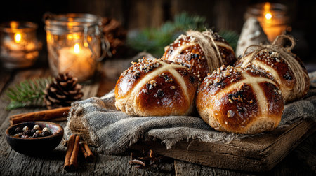 A mouthwatering display of freshly baked sweet buns topped with spices and candied ingredients, resting on a rustic wooden surface. Soft candlelight enhances the cozy, inviting ambiance perfect for the holiday season.の素材