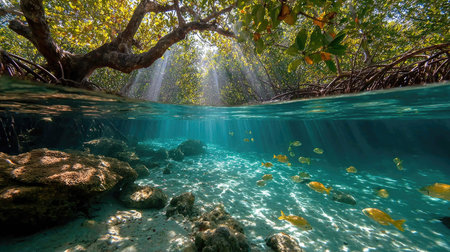 This breathtaking underwater image captures a vibrant mangrove ecosystem, showcasing sunlight filtering through lush leaves while colorful fish swim gracefully.の素材