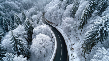 This stunning aerial view captures a winding road through a snow-draped forest, creating a serene winter landscape filled with tranquility and natural beauty.の素材