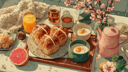 A beautifully arranged breakfast scene featuring fresh bread, fruits, and beverages, surrounded by delicate floral decorations, capturing a cozy morning vibe.の素材