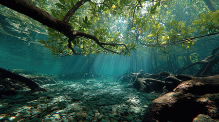 Explore the breathtaking beauty of a serene underwater mangrove forest, where sunlight pierces through lush foliage, illuminating clear waters and diverse life.の素材