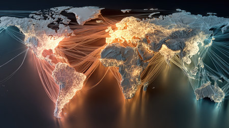 An abstract representation of a world map highlighting global connections through vibrant lines of light, symbolizing data transfer and communication.の素材