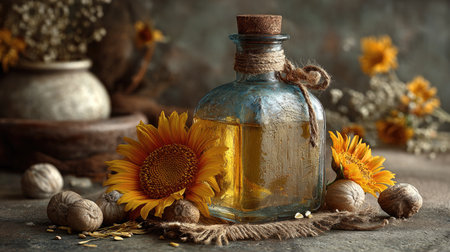 A rustic still life featuring an elegant vintage bottle filled with sunflower oil, surrounded by vibrant sunflowers and nuts, creating a warm and inviting ambiance.の素材