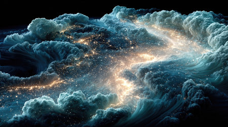 Discover an ethereal scene of cosmic clouds illuminated by glowing stars that capture the beauty and mystery of the universe in a dark galaxy setting.の素材