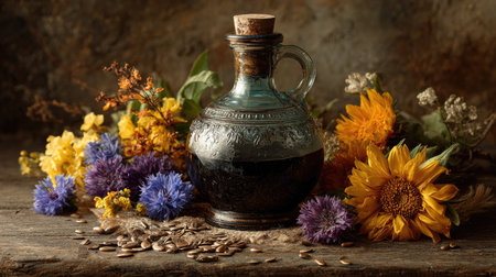 This captivating still life features an antique glass jug with a cork stopper, elegantly surrounded by a lively array of colorful flowers and seeds, creating a warm, inviting atmosphere.の素材