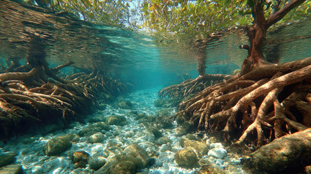This stunning underwater image captures the intricate network of mangrove roots beneath clear tropical waters, showcasing the vibrant ecosystem.の素材