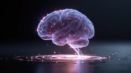An abstract representation of a glowing brain pulsating and creating ripples on a dark background, symbolizing creativity, intelligence, and the power of thought.の素材
