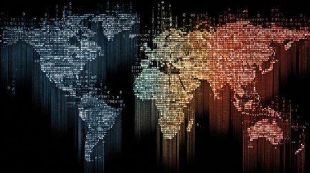 This striking digital artwork features a world map represented in binary code, symbolizing the intricate connections of our modern digital landscape and technology.の素材