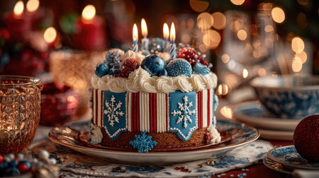 A beautifully decorated holiday cake featuring blue and white frosting, adorned with seasonal ornaments, perfect for festive celebrations and gatherings.の素材