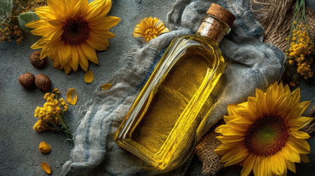 A beautiful still life featuring a glass bottle of sunflower oil, surrounded by vibrant sunflowers and rustic elements on a textured backdrop. Perfect for culinary themes.の素材