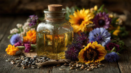 A beautifully arranged glass jar holding essential oil is surrounded by a variety of colorful flowers and seeds, showcasing natural beauty and tranquility.の素材