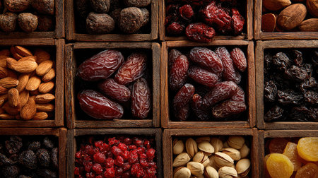 A visually appealing arrangement of assorted dried fruits and nuts in wooden boxes, perfect for promoting healthy snacking and gourmet culinary creations.の素材
