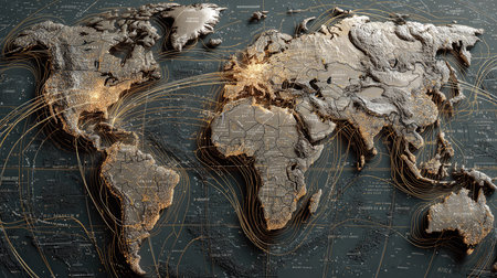 A captivating world map showcasing intricate light effects and dynamic lines, representing global connections and modern communication pathways.の素材