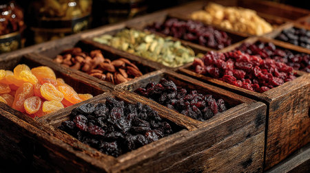 This captivating image showcases an assortment of dried fruits and nuts arranged neatly in a rustic wooden box, perfect for food enthusiasts.の素材