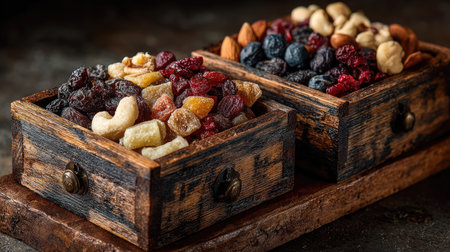 Discover a vibrant assortment of dried fruits and nuts beautifully displayed in rustic wooden boxes, perfect for healthy snacking or decoration.の素材
