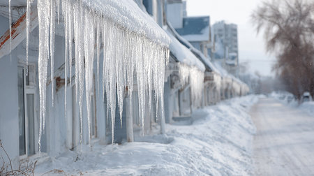 A serene winter landscape features glistening icicles hanging from eaves of homes along a snowy pathway, creating a tranquil and beautiful scene.の素材