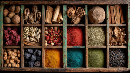A beautiful assortment of spices and dried herbs displayed in a vintage wooden box, ideal for culinary enthusiasts, decorators, and natural product lovers.の素材