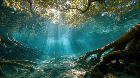 Explore the beauty of an underwater mangrove ecosystem where sunlight streams through the water, illuminating the serene aquatic environment and intriguing roots.の素材