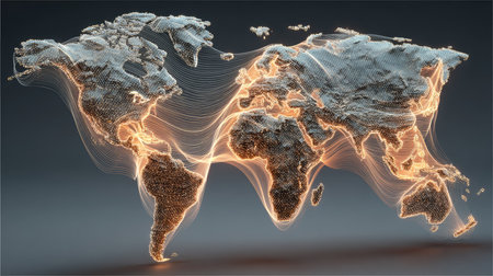 This abstract image illustrates a glowing world map, featuring illuminated lines that symbolize data flow and global connectivity. Ideal for technology and travel themes.の素材