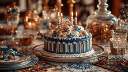 A beautifully decorated birthday cake with a blue and white design stands centrally on an elegant table, illuminated by candlelight, celebrating joyful moments.の素材