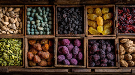 A visually appealing arrangement of various dried fruits, nuts, and spices presented in wooden boxes. This vibrant display highlights food diversity and healthy choices.の素材