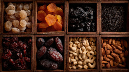 An aesthetic arrangement of assorted dried fruits and nuts in wooden compartments, perfect for culinary creativity and healthy snacking inspiration.の素材