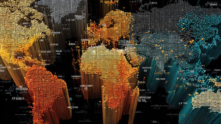 This vibrant abstract world map features colorful dots that visually represent global data distribution. Ideal for tech, travel, and educational use.の素材