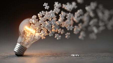 A captivating image of a light bulb releasing puzzle pieces, embodying creativity and the process of generating ideas. Perfect for projects on innovation.の素材