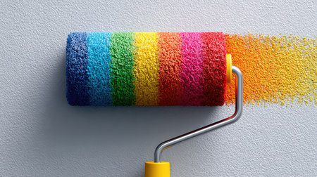 A vibrant paint roller creates a rainbow of colors on a textured wall surface, showcasing a blend of creativity and artistry for home decor projects.の素材