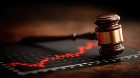 This image features a wooden gavel resting on a financial chart, showcasing market trends in a dramatic setting, symbolizing the intersection of law and finance.の素材