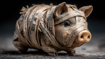 An artistic representation of a piggy bank wrapped in currency strips, perfect for symbolizing financial concepts and savings. Captivating and unique decor item.の素材
